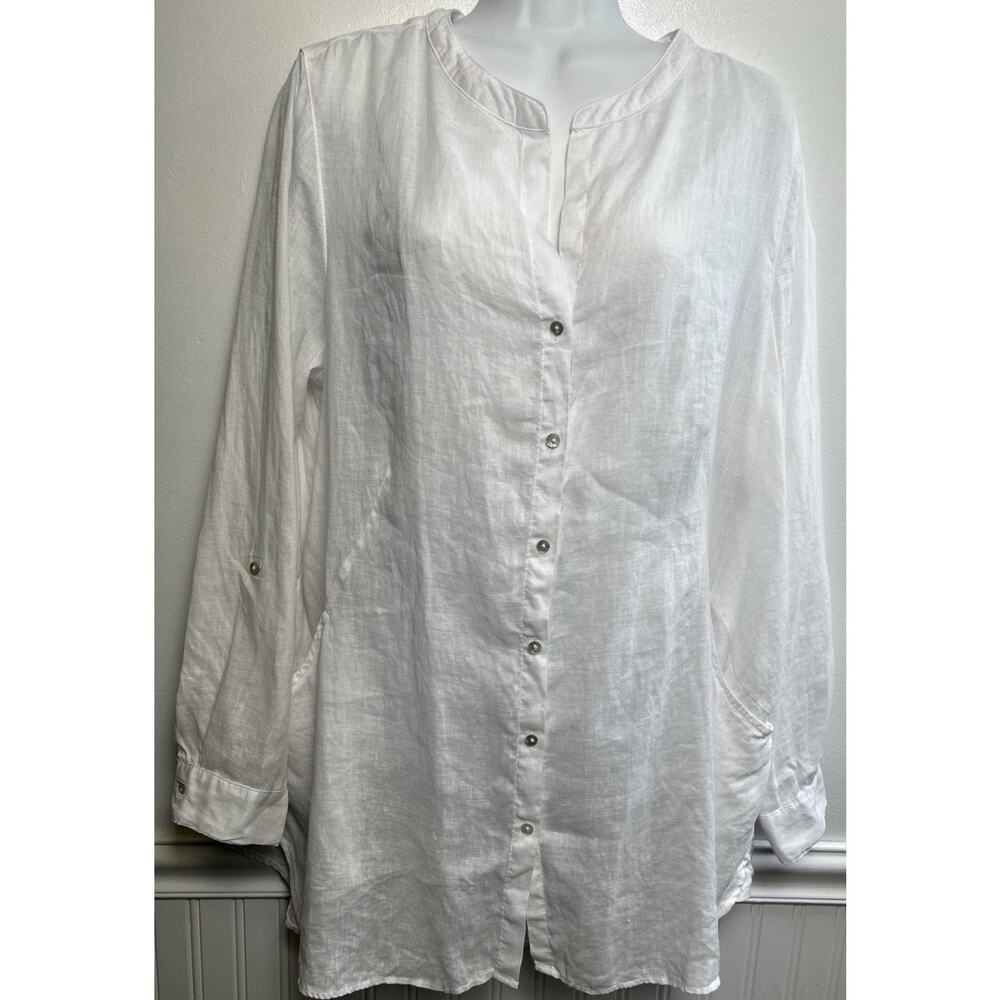 Sigrid Olsen 100% Linen Tunic Top Shirt Dress White Roll-Tab Women’s L Coastal